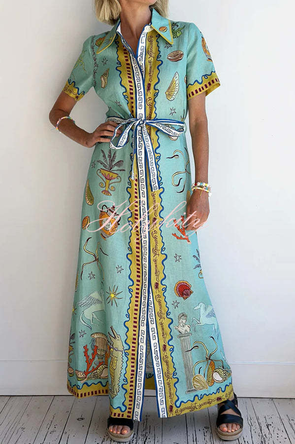 Deep Sea Dreaming Linen Blend Unique Print Short Sleeve Tie-up Shirt Maxi Dress-tidenox