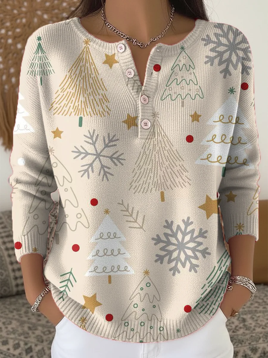 [Copy]Women's Christmas Tree Art Print Buttoned Cardigan Sweater