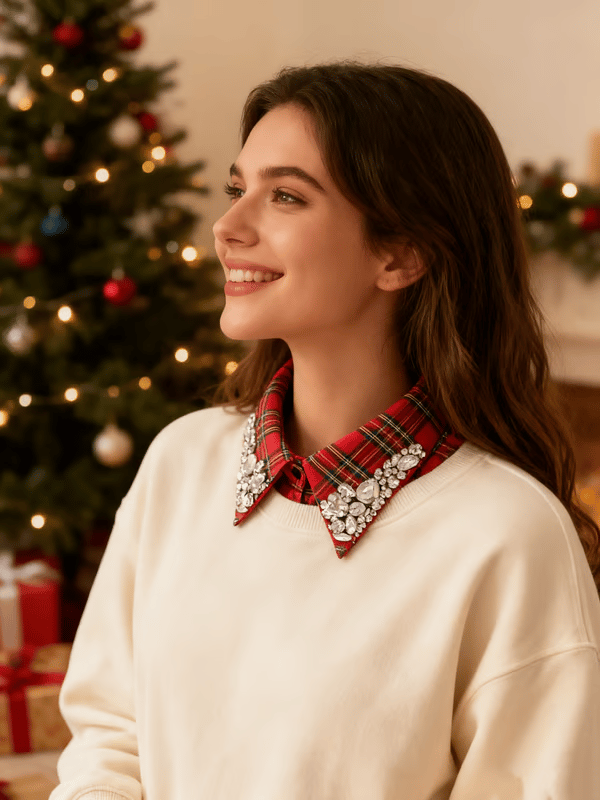 🔥Red Christmas Plaid Rhinestone Collar-tidenox