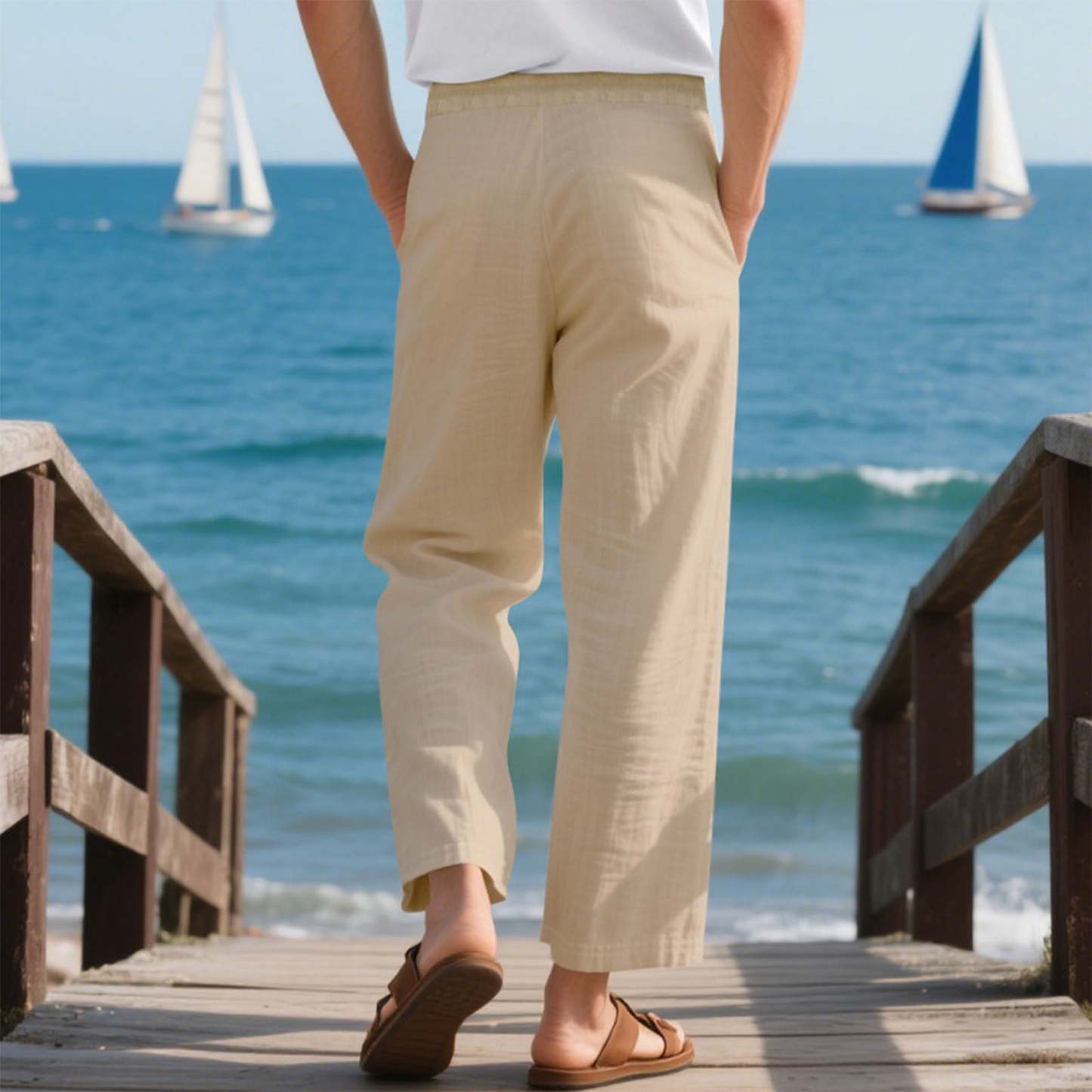 Men's linen trousers summer beach pants solid color comfortable breathable holiday leisure Hawaiian Bohemian style