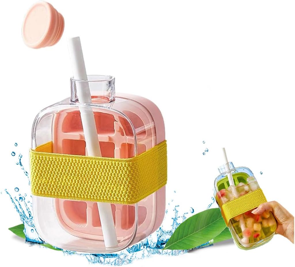 2 IN 1 Ice Cube Water Bottle,Simple Press-Type Ice Cube Water Bottle-Convenient Straw Included-tidenox