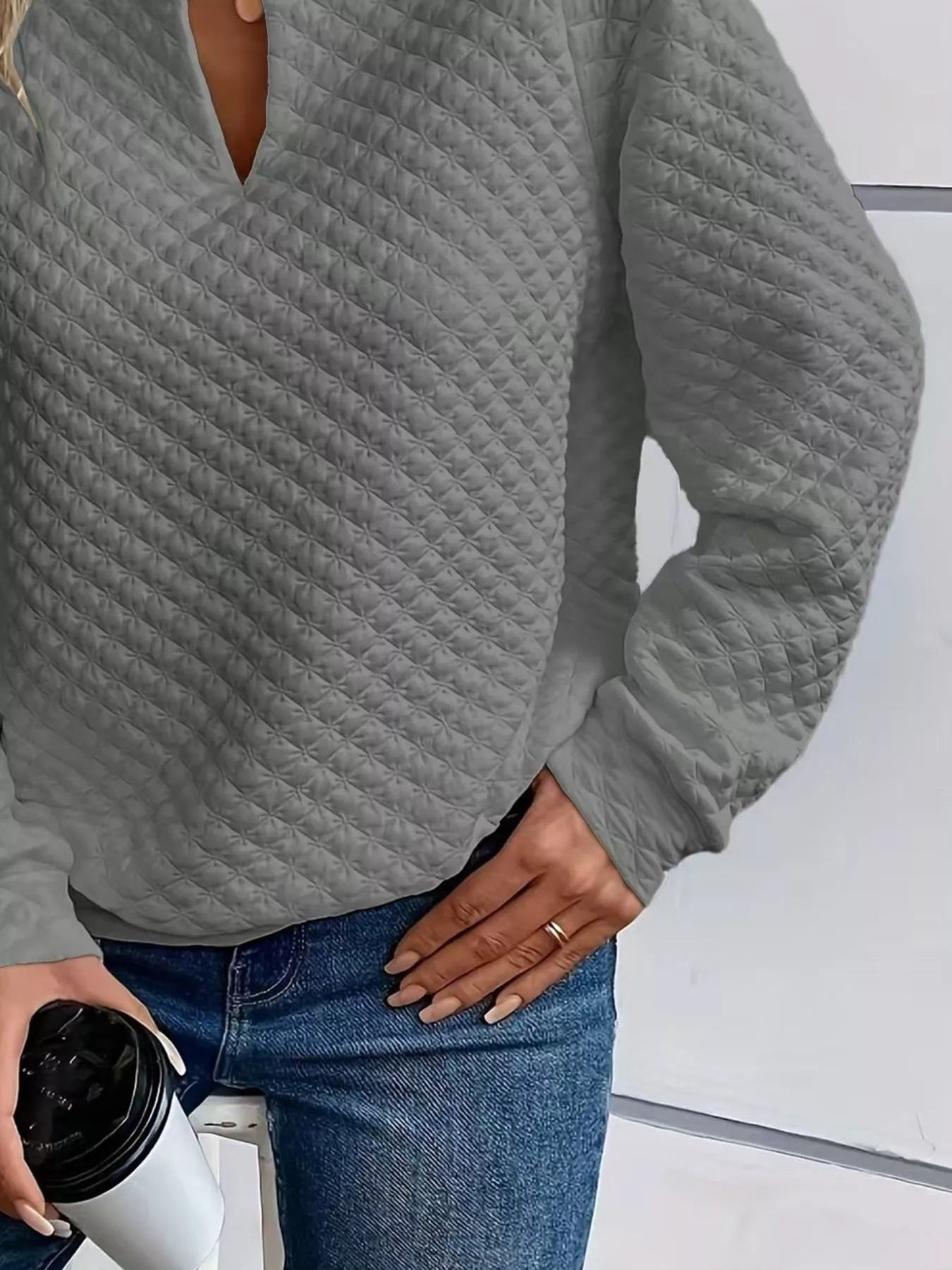 Textured Notched Raglan Sleeve Sweatshirt-tidenox