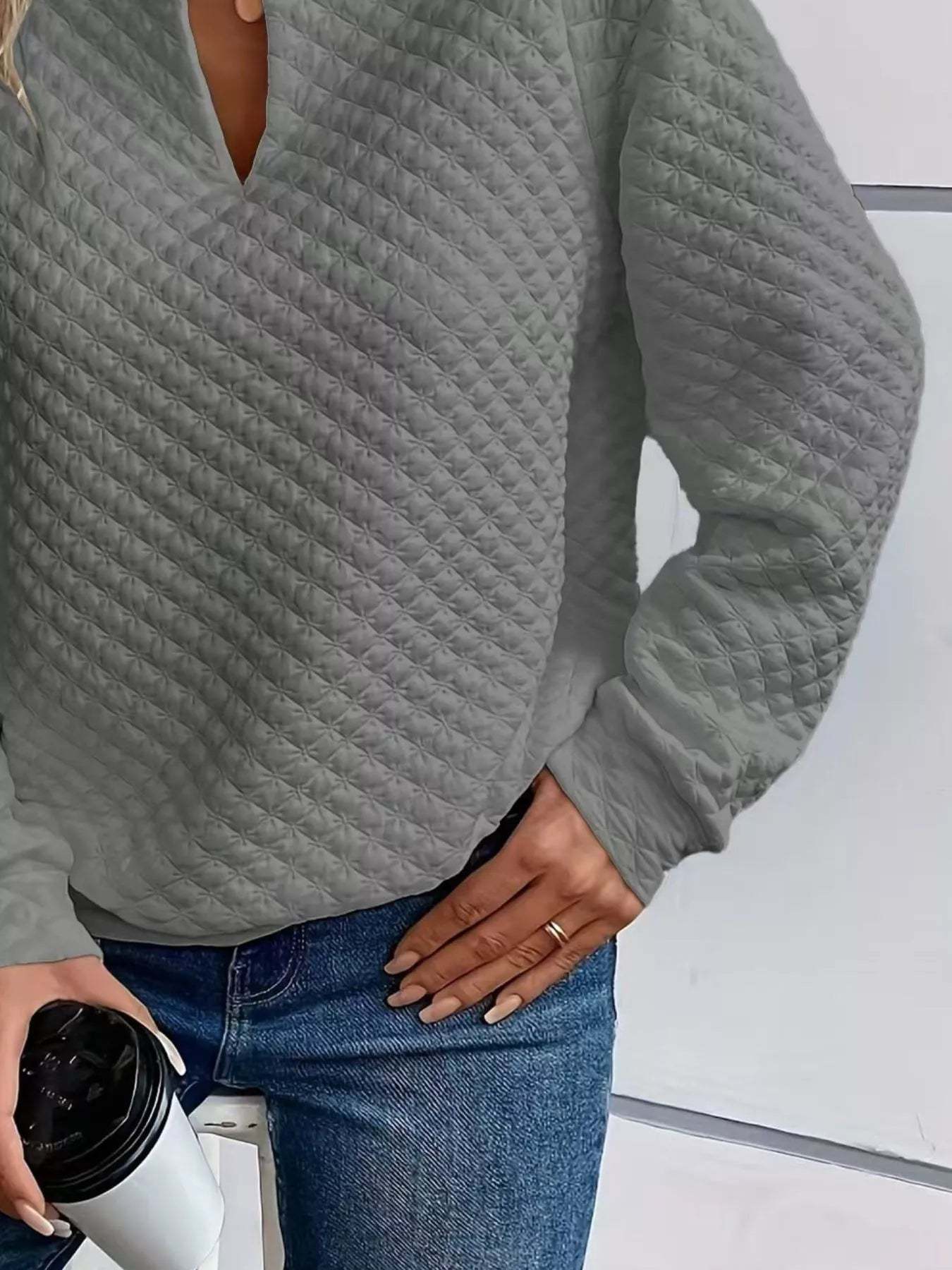 Textured Notched Raglan Sleeve Sweatshirt-tidenox