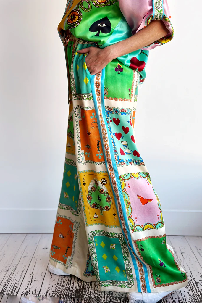 Funny Poker Summer Satin Unique Print Elastic Waist Pocketed Wide Leg Pants-tidenox