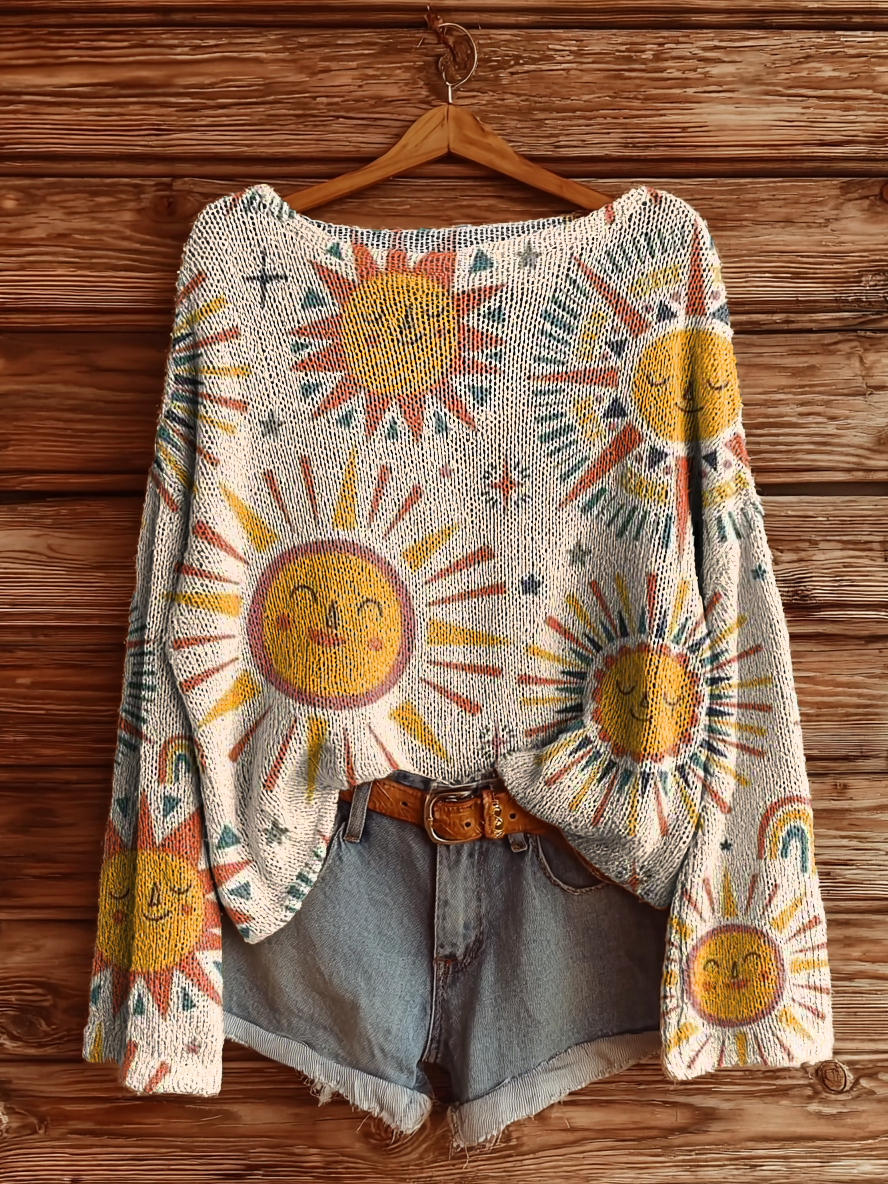 Women's Hippie Sunfloral Art Print Casual Pullover Sweater-tidenox