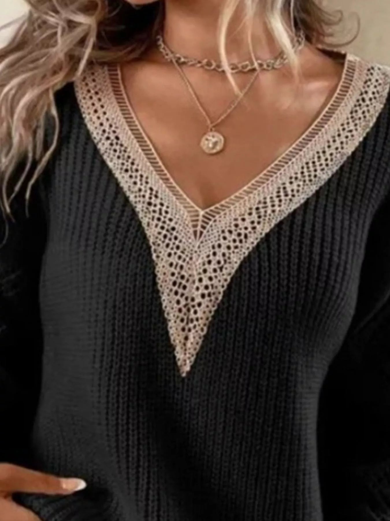 Openwork V-Neck Long Sleeve Sweater-tidenox