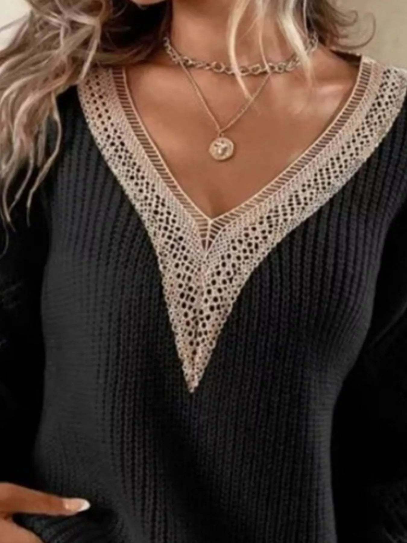 Openwork V-Neck Long Sleeve Sweater-tidenox