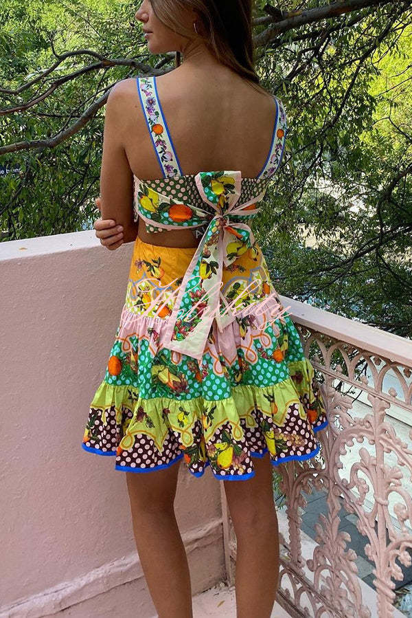 Sweet and Sour Summer Multicolor Lemon Print Pleated Hem Mini Dress-tidenox