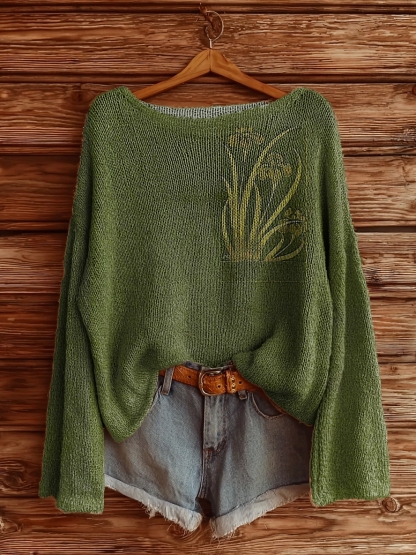 Women's Vintage Floral Art Pattern Print Casual Pullover Sweater-tidenox