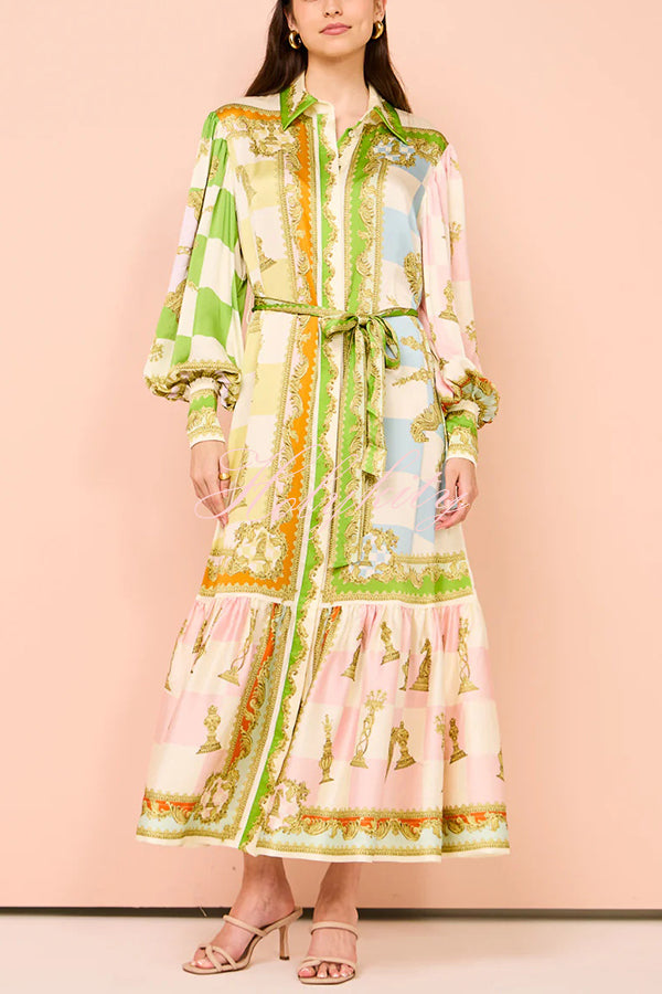 Garden Party Satin Unique Print Balloon Sleeve Belted Shirt Maxi Dress-tidenox