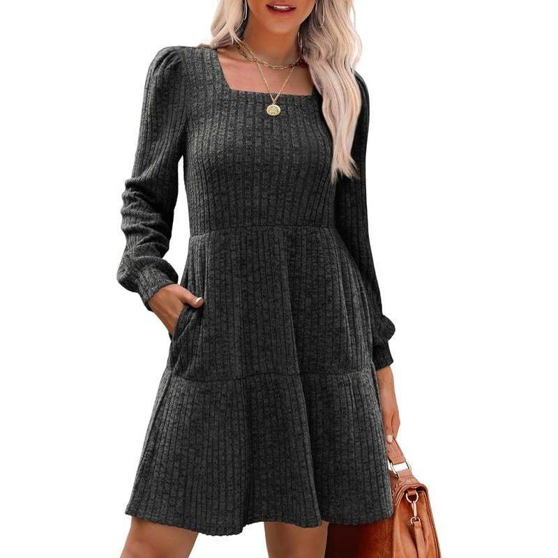 🍂Last Day Promotion 49% OFF🔥Womens Square Neck Long Sleeve Fall Dresses Casual Babydoll Sweater Dress-tidenox