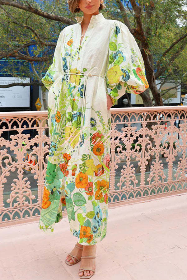 Summer Party Floral Print Balloon Sleeve Pocketed Belt Shirt Midi Dress-tidenox