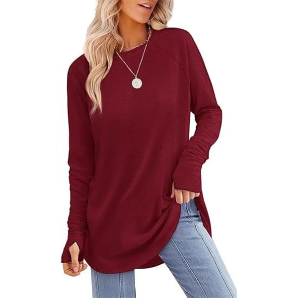 Womens Tunic Tops to Wear with Leggings Long Sleeve Thumb Hole Shirts Crew Neck Curved Hem-tidenox