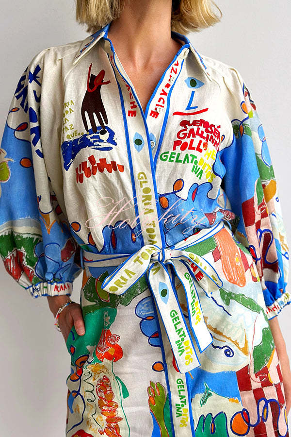 Phebe Linen Blend Unique Print Pocket Waist Tie Mini Dress-tidenox