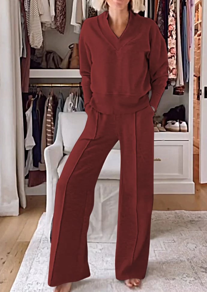 ⏰LAST DAY SAVE 49%💥Women's Solid Color V-neck Top & Pants Two-piece Set-tidenox