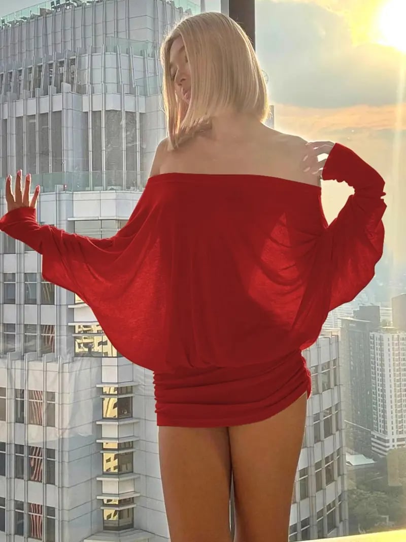Product Introduction of Women's Solid Off The Shoulder Sheer Ruched Dress, Fashion Casual Long Sleeve Mini Dress for Party Club Holiday, Women Dress for Spring & Fall, Longsleeves, Womenswear, Sneaky Peek Dress 5