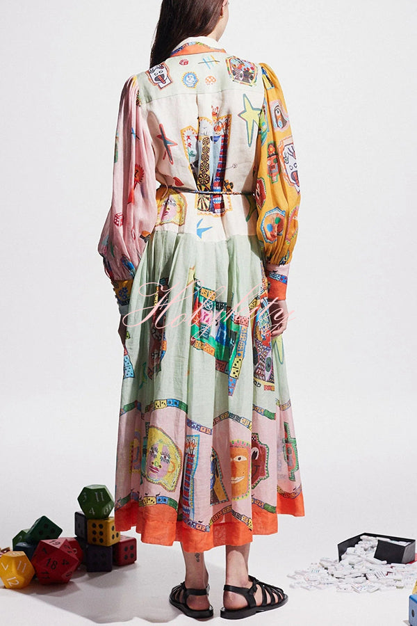 Set for Vacay Unique Print Colorblock Balloon Sleeve Belt Shirt Midi Dress-tidenox