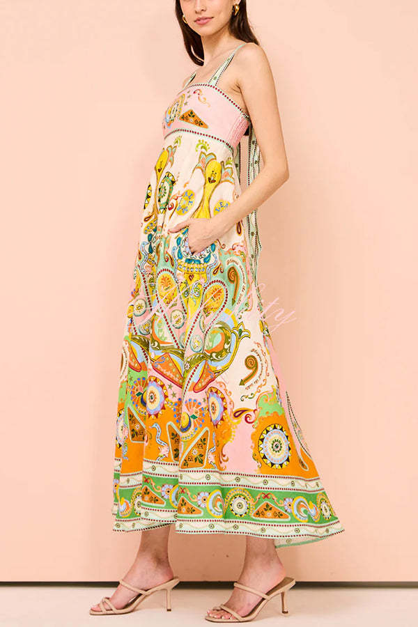 Summer Serenade Linen Blend Unique Print Tie-up Strap Smocked Pocketed Maxi Dress-tidenox
