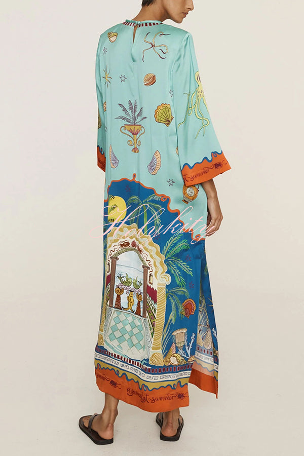Satin Unique Print Long-sleeve Tie-waist Slit Maxi Dress-tidenox