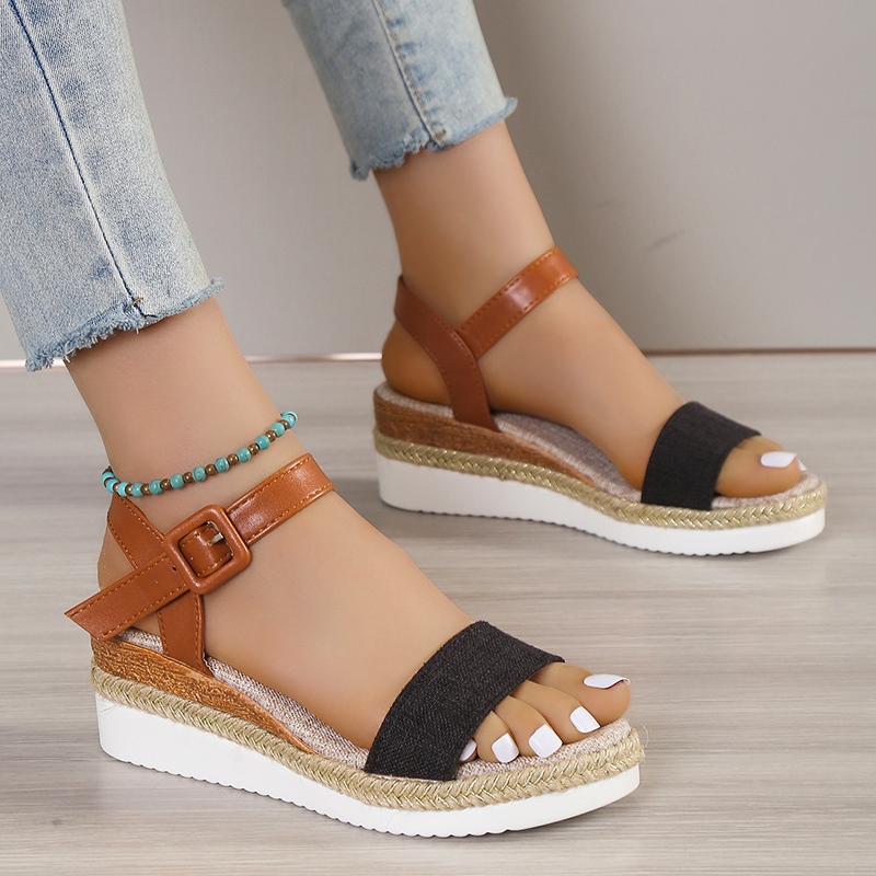 2025 Womens Vintage Buckle Ankle Strap Wedge Casual Sandals-tidenox