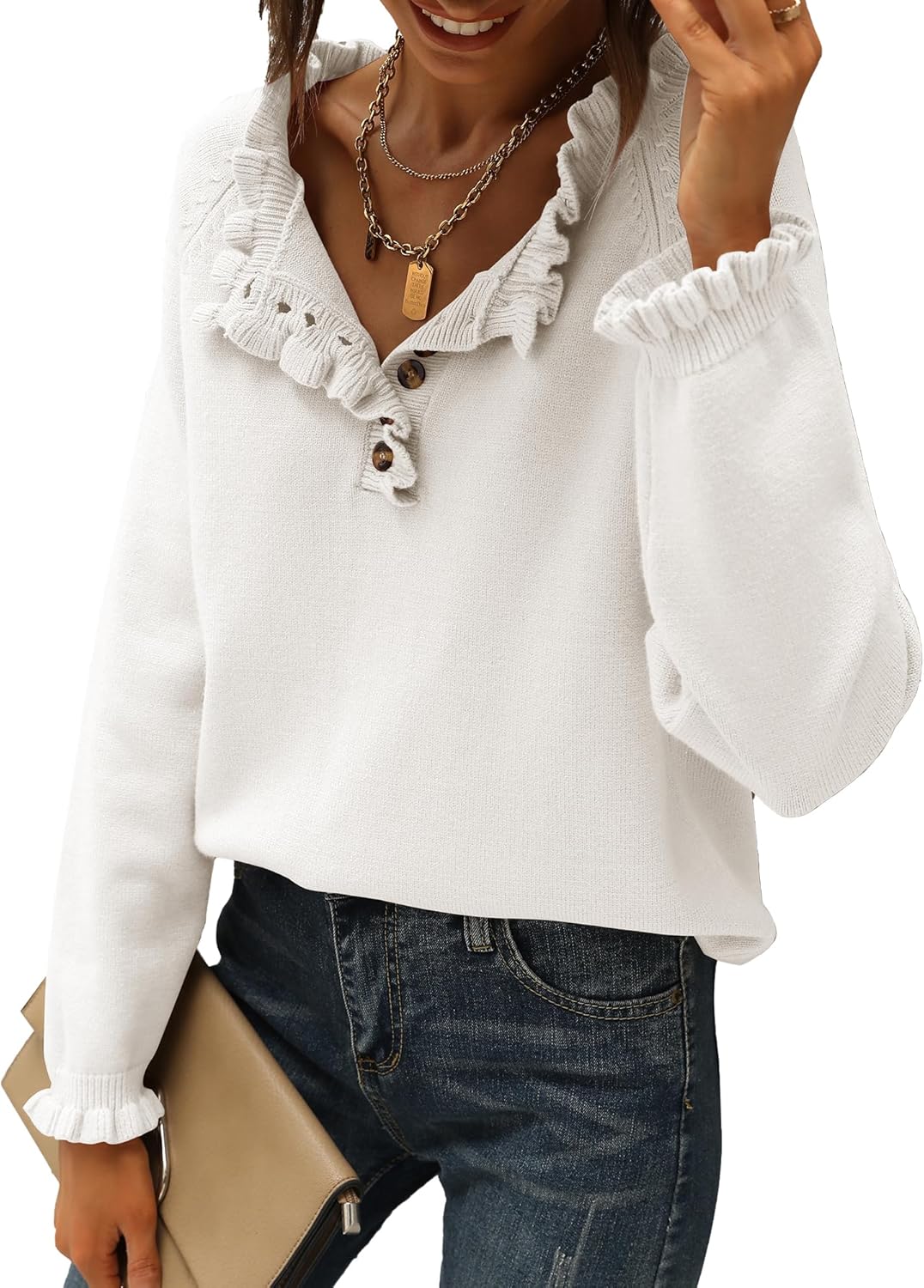 CLEARANCE SALE🔥Ruffle Trim Casual Knit Pullover Tops﻿(Buy 2 Free Shipping)-tidenox