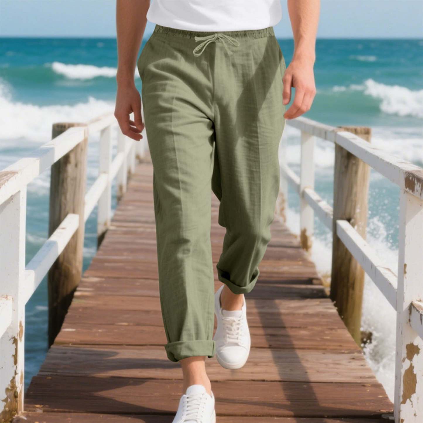 Men's linen trousers summer beach pants solid color comfortable breathable holiday leisure Hawaiian Bohemian style