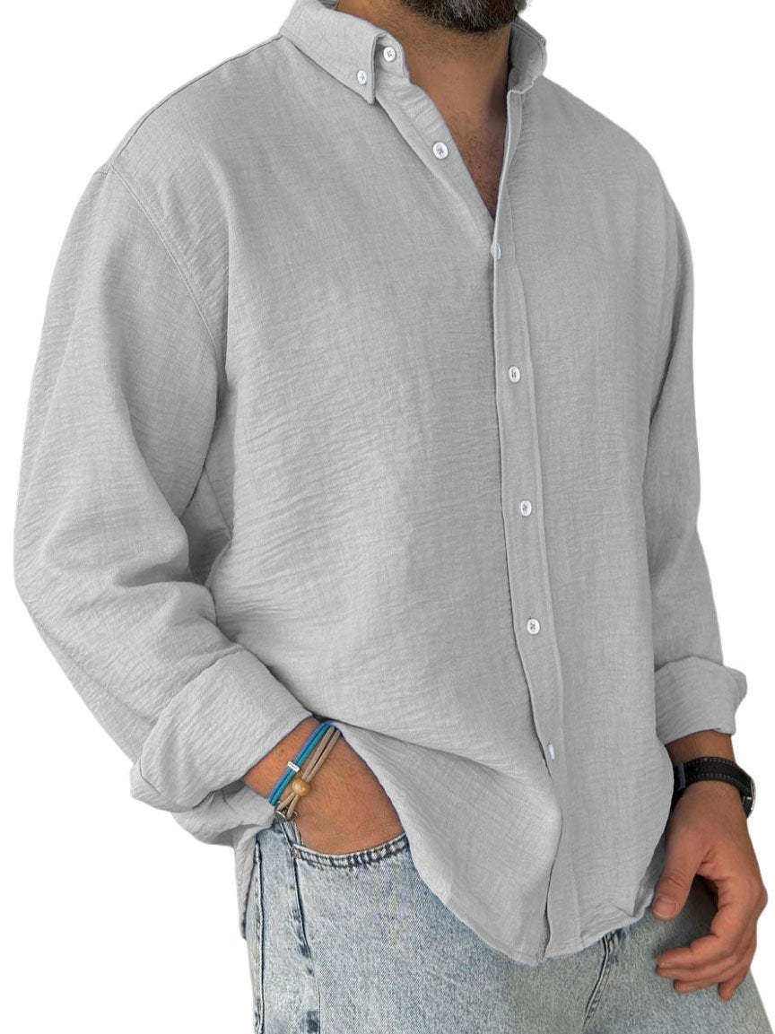 Men's Casual Simple Cotton Lapel Long-Sleeved Shirt-tidenox
