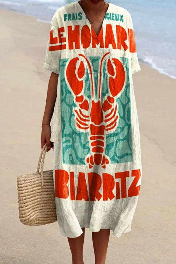 Unique Marine Print V-neck Short-sleeved Midi Dress-tidenox