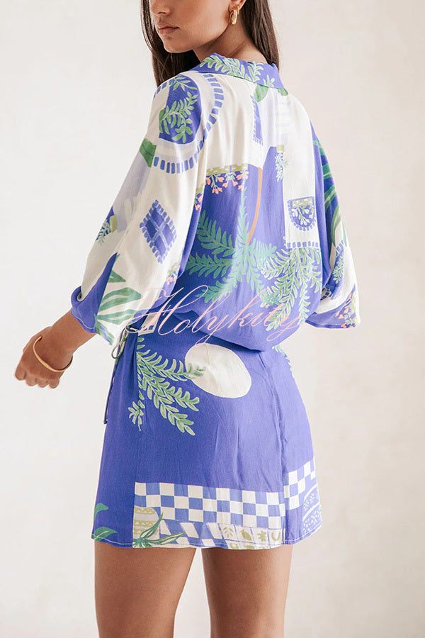Balmy Summer Nights Unique Print Loose Shirt and Elastic Waist Wrap Lace-up Skirt Set-tidenox