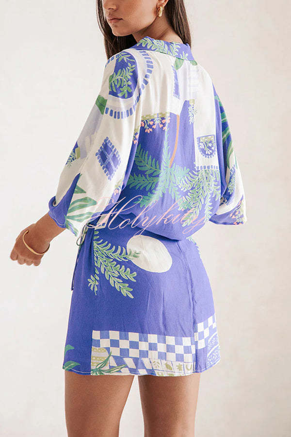 Balmy Summer Nights Unique Print Loose Shirt and Elastic Waist Wrap Lace-up Skirt Set-tidenox