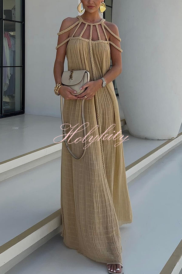 Modern and Sophisticated Linen Blend Draped Braids Cover Up Maxi Dress-tidenox