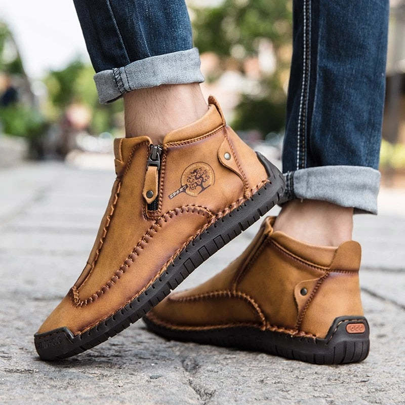 Zipper Plush Ankle Leather Orthopedic Shoes For Men Nonslip Boots-tidenox