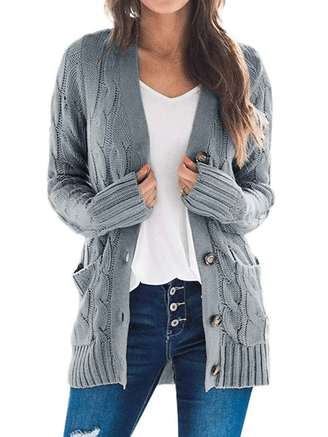 Women's Fall Casual Long Sleeve Button Down Open Front Cable Knit Cardigan-tidenox