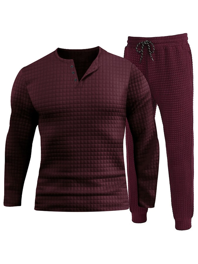 Men's Waffle Jacquard Casual Sport Knit Top Sweatpants Set-tidenox