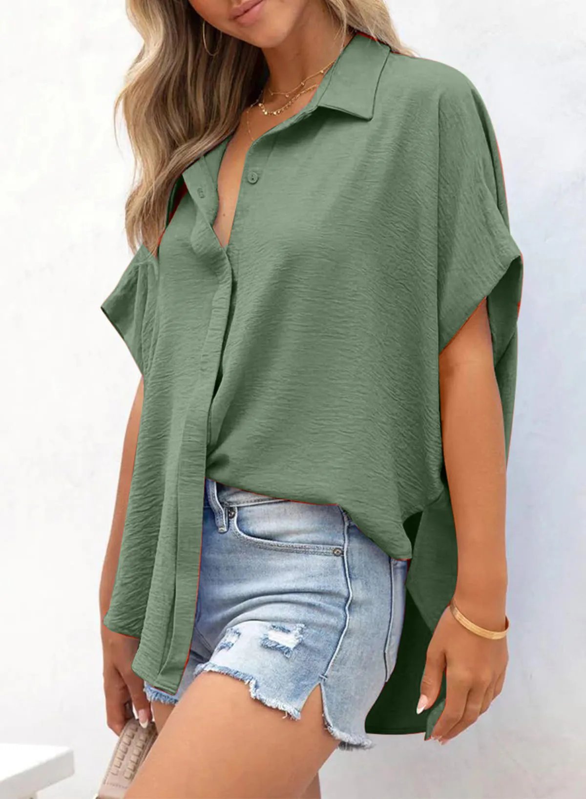 🧥Women's Casual Button Short Sleeve Slit Hem Shirt Solid Color Tops-tidenox