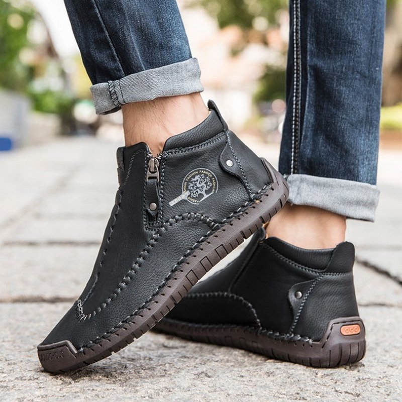 Zipper Plush Ankle Leather Orthopedic Shoes For Men Nonslip Boots-tidenox