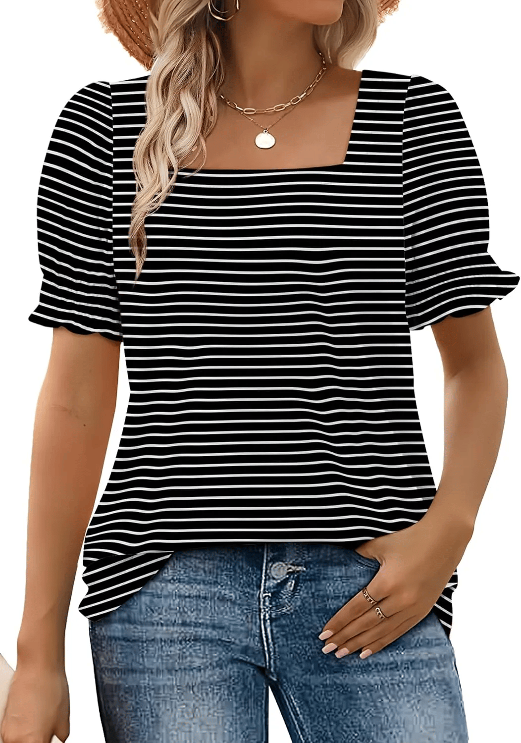 🔥Women's Square Neck Smocked Sleeve T-Shirt Casual Top-tidenox