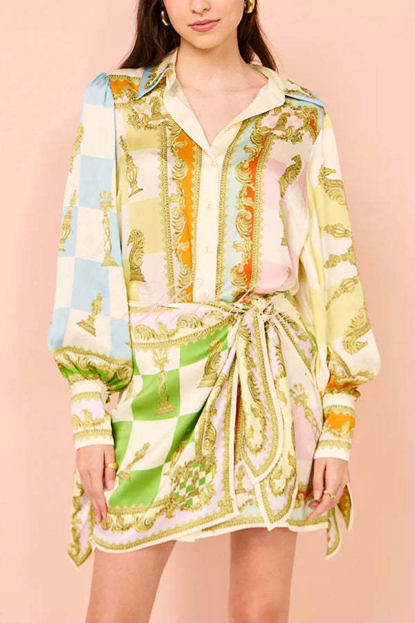 Vacay Mode Satin Unique Print Tie-up Design Wrap Mini Dress-tidenox