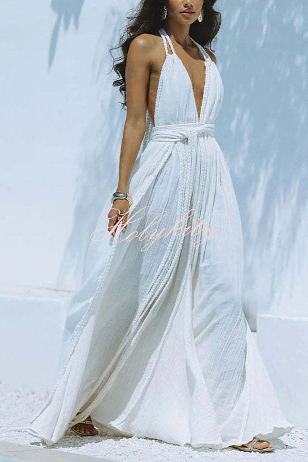 Summer Whispers Linen Blend Draped Braids Deep V-neck Halter Backless Cover Up Maxi Dress-tidenox