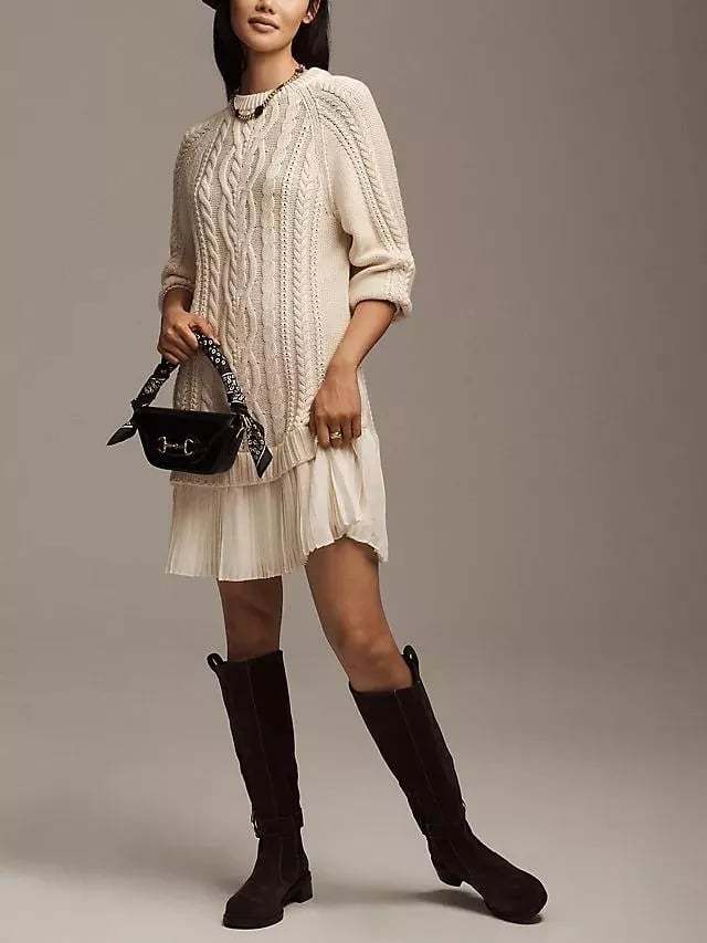 Women Crewneck Cable Knit Sweater Mini Dress (Buy 2 Free Shipping)-tidenox