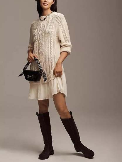 Women Crewneck Cable Knit Sweater Mini Dress (Buy 2 Free Shipping)-tidenox