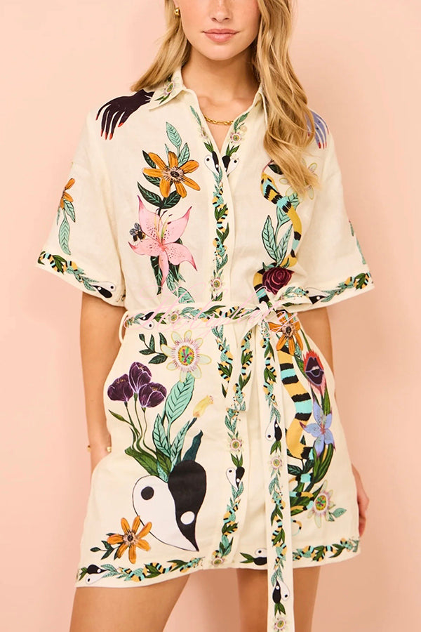 Iconic Shailene Satin Unique Floral Print Pocket Tie-waist Mini Dress-tidenox