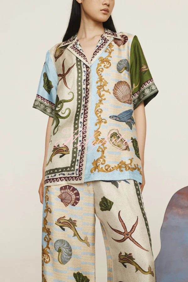 Deep Sea Dreaming Satin Unique Print Short Sleeve Shirt and Elastic Waist Pocketed Pants Set-tidenox