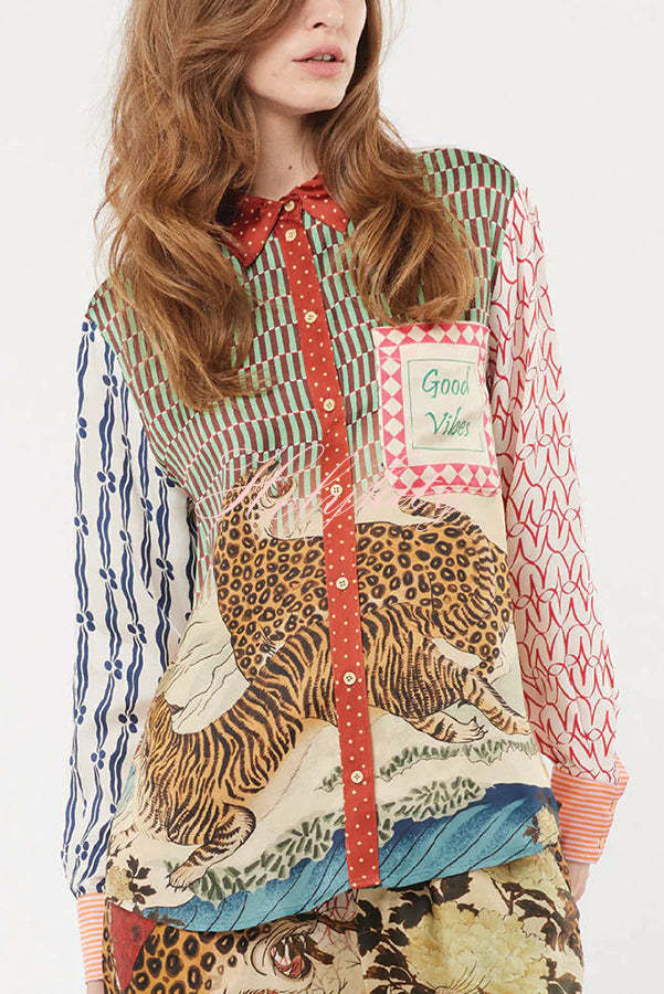 Tropical Jungle Tiger Unique Print Long Sleeve Loose Shirt and Elastic Waist Pants Set-tidenox