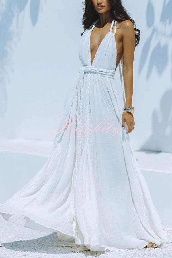 Summer Whispers Linen Blend Draped Braids Deep V-neck Halter Backless Cover Up Maxi Dress-tidenox