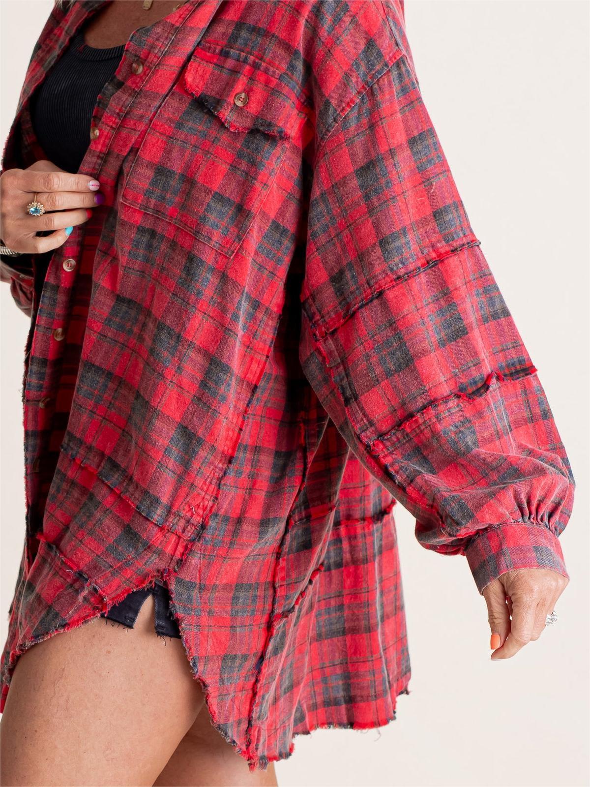 Women's Seams Raw Edge Washed Oversized Shirt Jacket with Pockets-tidenox