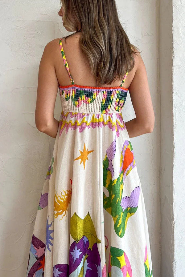 Feel Effortlessly Linen Blend Unique Print Smocked Back Midi Dress-tidenox