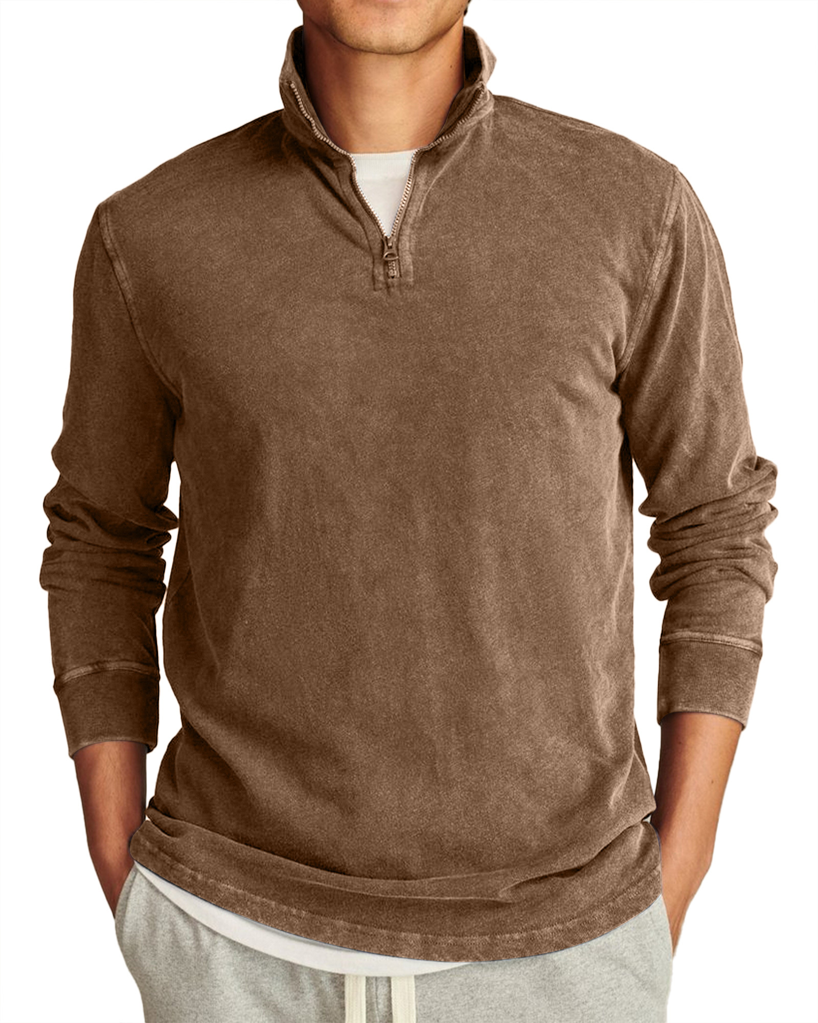 Men's Retro Casual Stand Collar Half-Zip Solid Color Long Sleeve T-Shirt-tidenox
