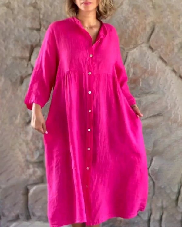 Cotton And Linen Loose Shirt Dress-tidenox