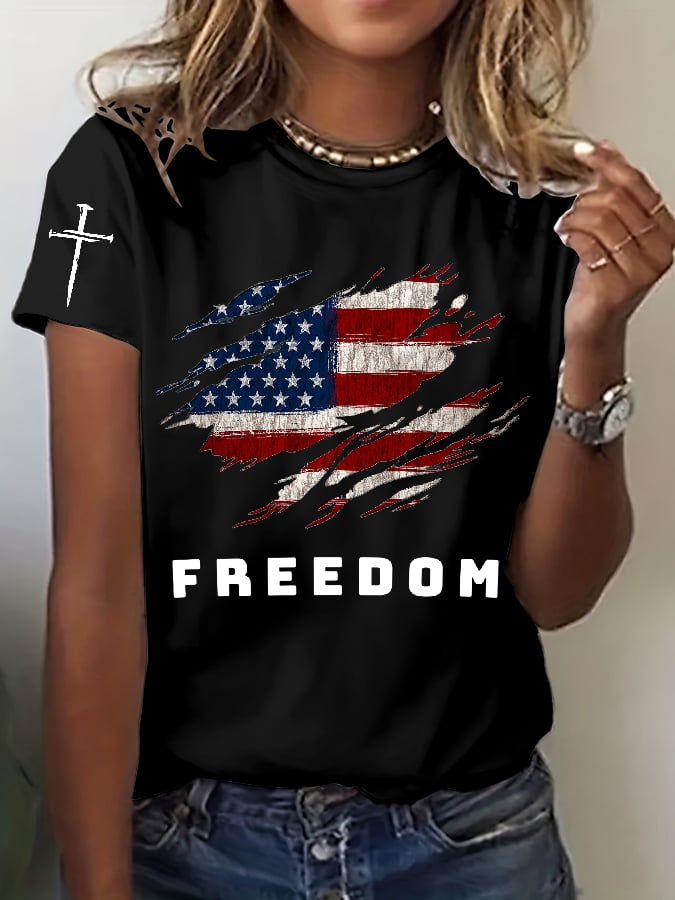 Women's Freedom American Flag Print Casual T-shirt-tidenox